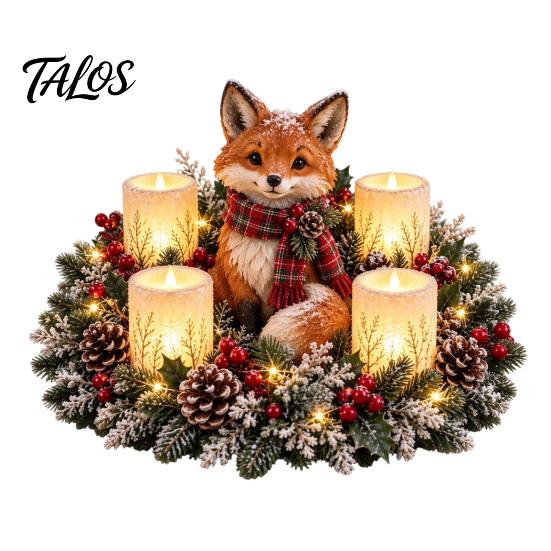 Holiday Resin Ornaments Lighted Highland Cow Christmas Table Centerpiece, Flickering LED Flameless Candles, Frosted Red Berry Seasonal Accents
