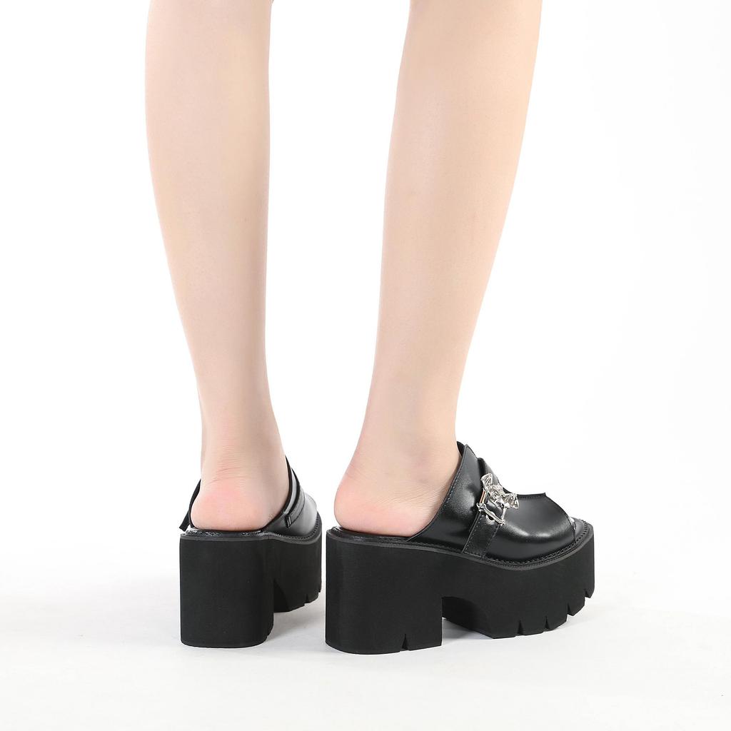 Gdgydh Goth Bat Buckle Mule Sandals for Women Heel Open Toe Thick Platform Summer Shoes Sligbacks Plus Size Black Slip On