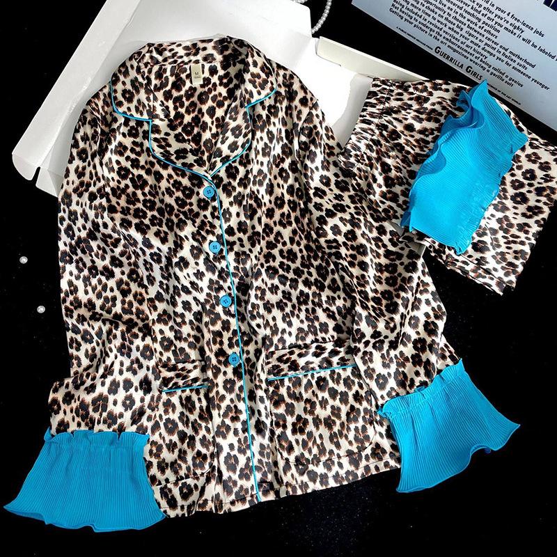 

Женский роскошный пижамный комплект из ледяного шелка с леопардовым принтом - Длинный рукав, оборка по подолу Extra Large