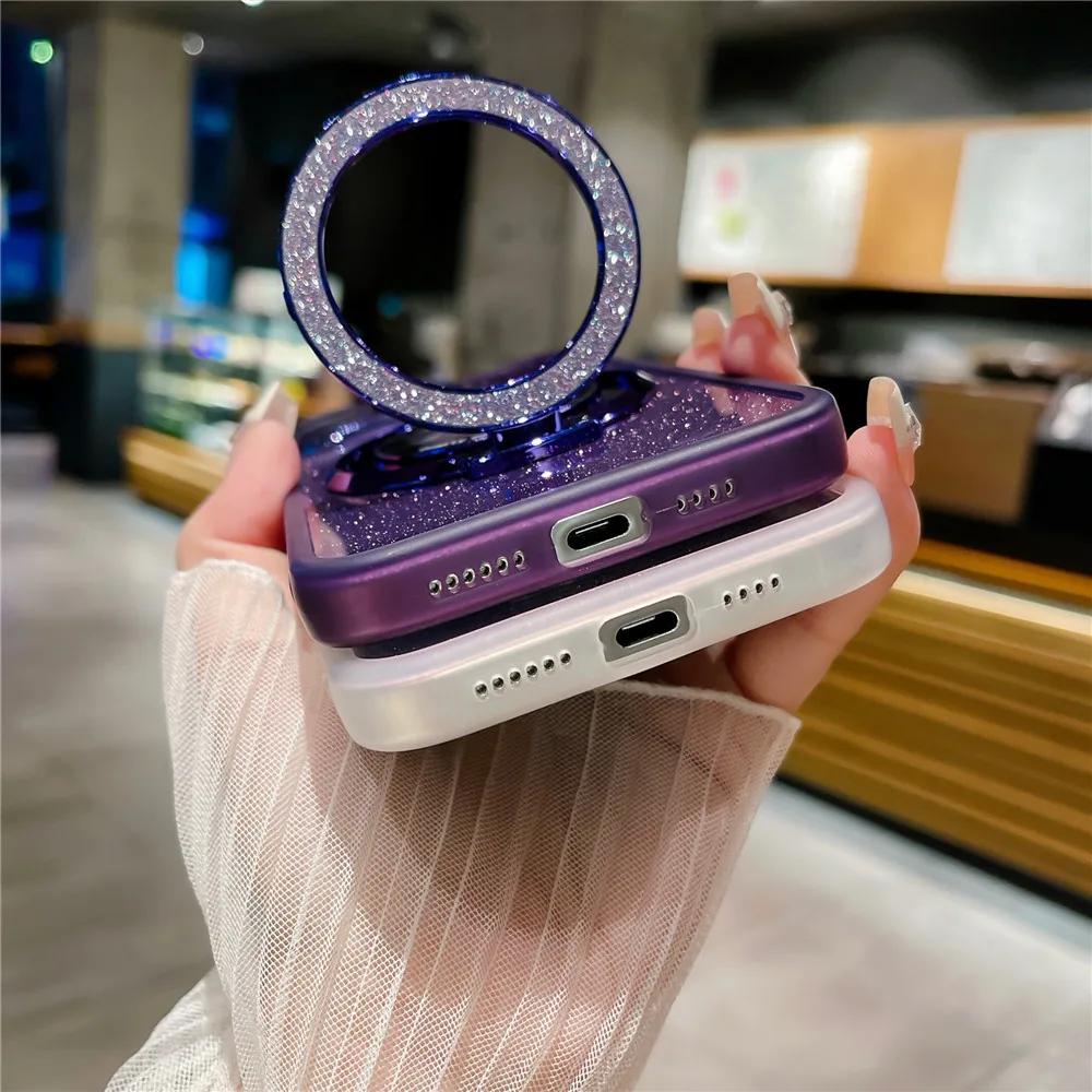 Glitter Magnetic Holder Silicone Case for Samsung S24 S23 S22 S21 Ultra Plus FE A53 A14 A54 A15 A55 iPhone 16 15 14 13 12 11 Pro Max Plus XSMAX XR 8 7