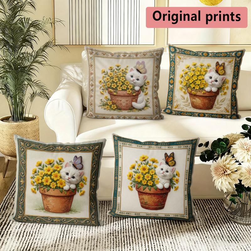 Vintage Cat Flower Pot Throw Pillow Covers Pattern Cushion Cover Suitable For Sofa Bedroom Car Pillow Cover