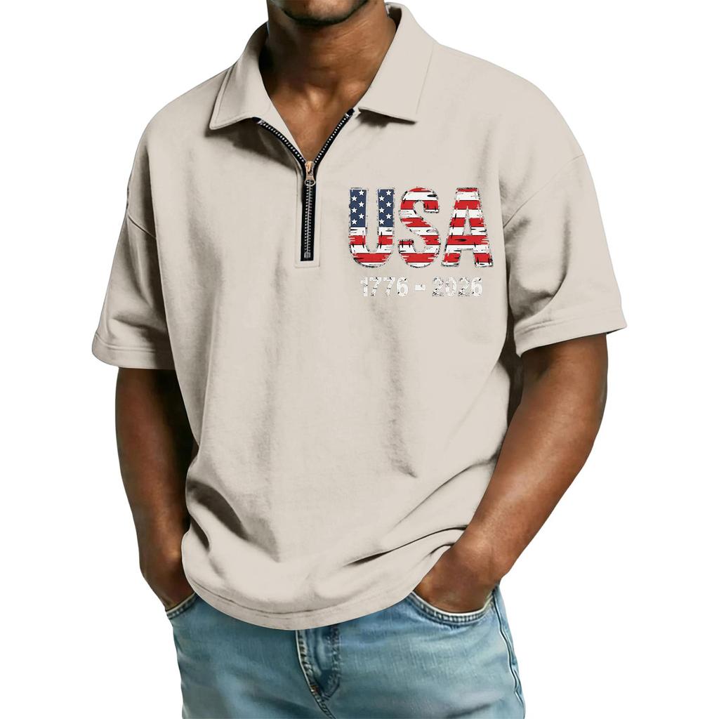 Men’s Short Sleeve Polo Shirt with Zipper Collar USA Letter Print 1776-2026 Casual Lightweight Top for Everyday Wear