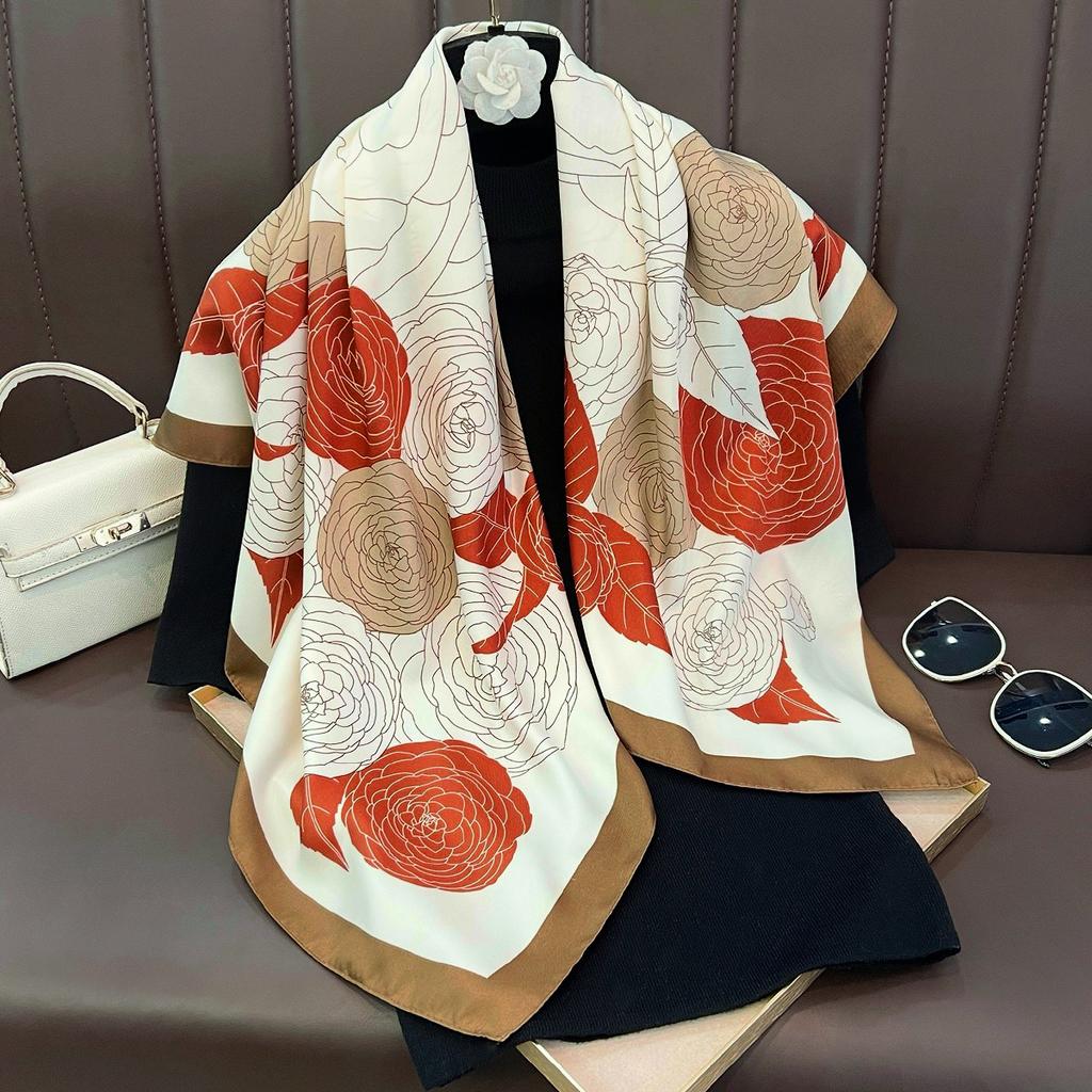 Spring new camellia printing silk scarf decorative binding scarf versatile high-end neck protection windproof breathable square scarf