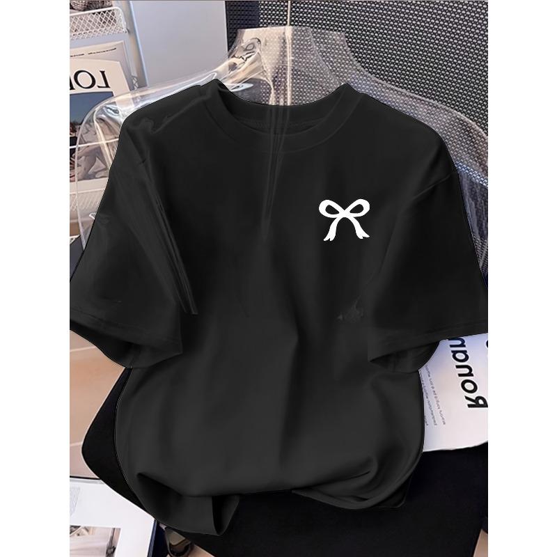 

Европейские размеры Повседневная футболка с коротким рукавом и круглым вырезом в минималистичном стиле для женщин с принтом в виде банта S белый