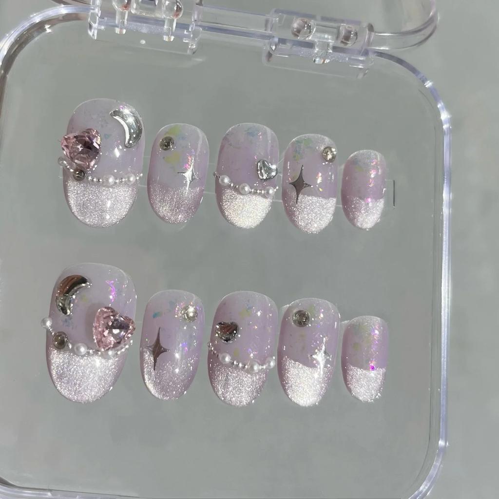 10Pcs Short Handmade Pink Press On Nails Spring French Rhinestone Full Cover Fake Nail Plaid Manicure Wearable Nail Tips Art