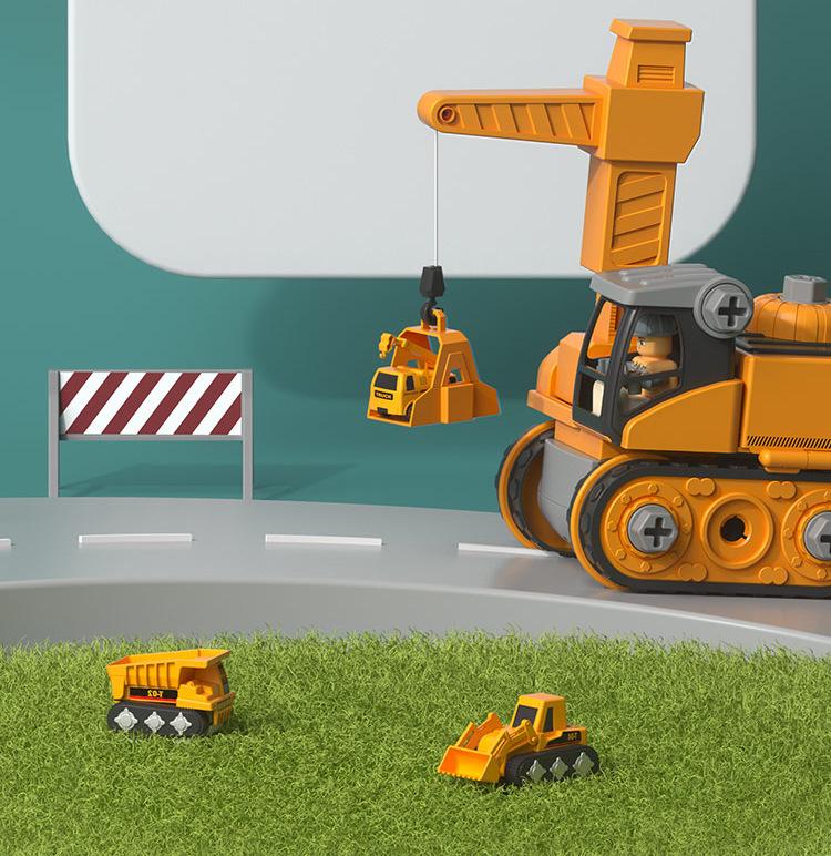 4-in-1 Deformable Engineering Vehicle Set with Small Cars, Crane, Excavator, and Pull-back Toy for Boys