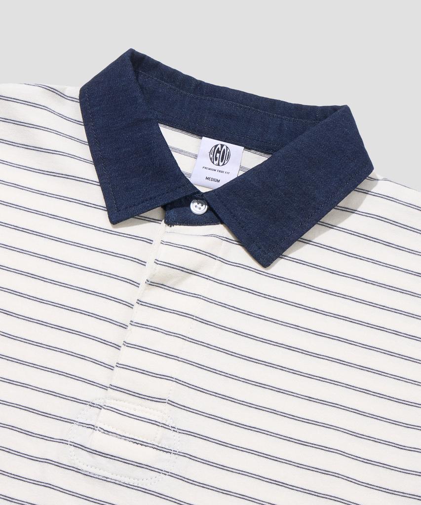 AGOD Contrast Denim Collar Stripe Half T-Shirt [Ivory]