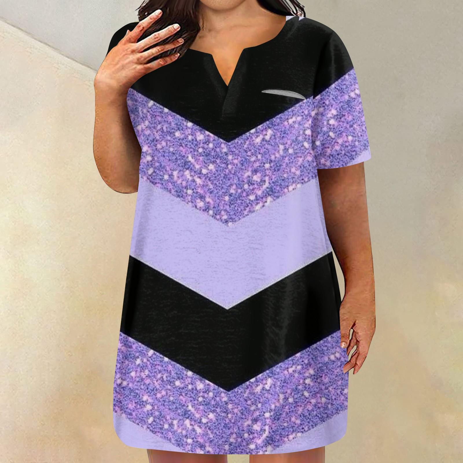 

Женские платья больших размеров с V-образным вырезом и коротким рукавом, летнее повседневное платье-туника с карманом XL фиолетовый