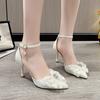 2024 Summer New External Sandals Women's Pointed Bow Pearl Shallow Mouth Fairy Style Comfortable High Heel Single Shoes