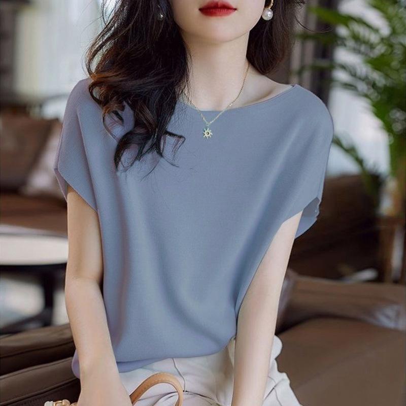 Summer Japanese and Korean Solid Color All-match Knitwear Women's Short-sleeved T-shirt Thin Loose Bat-sleeved Western Style Top