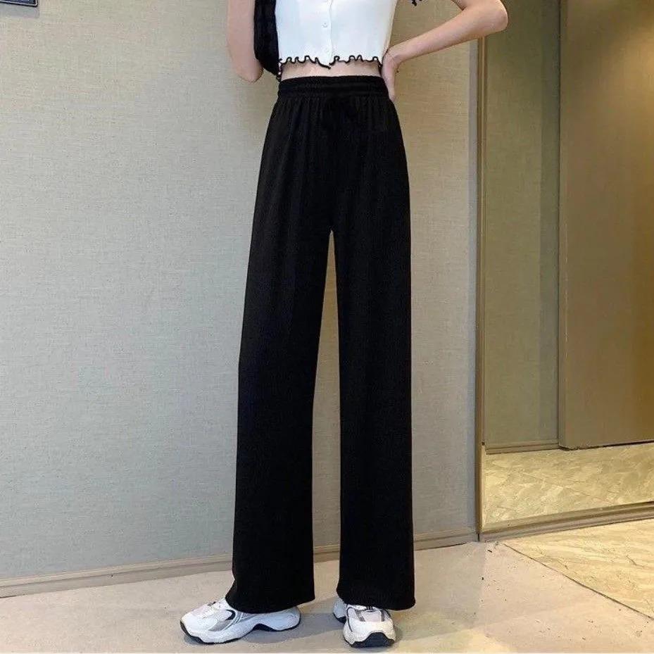 Black straight-leg pants for female students, petite girls, spring/summer new cropped pants, Korean style casual drape slimming wide-leg pants