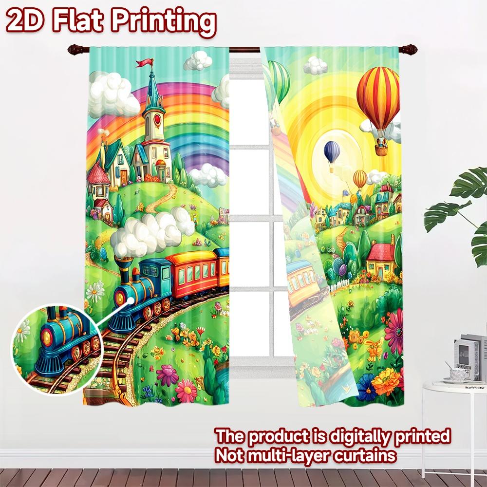 2D flat printing 2pcs Window Curtains Cute Train Rainbow Village Adventure Digital Printed Polyester Drapes Holiday Decorations