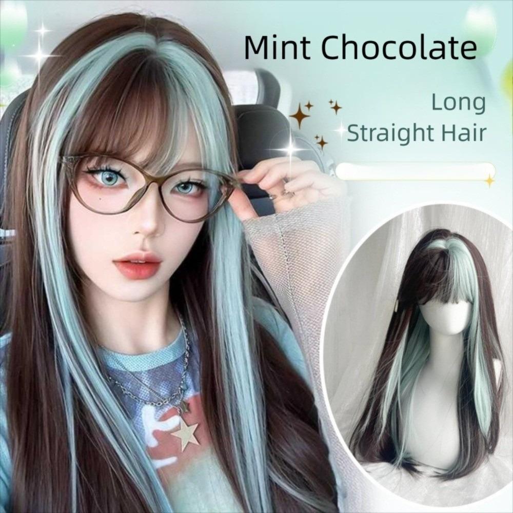 Cosplay Ombre Mint Green Brown Hair Fluffy Long Straight Wig with Bangs  Halloween