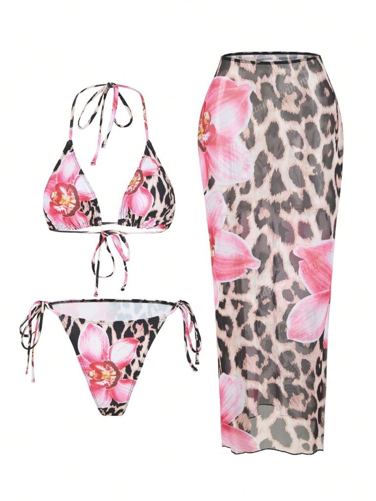 Europees en Amerikaans Schort Drie Delig Bikini Retro Bedrukt Lange Rok Zwempak Dames Zwempak