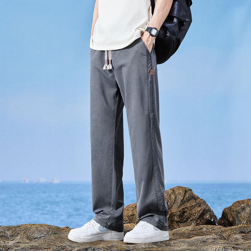 Men's Summer Tencel Jeans: Lightweight, Loose-Fit Straight-Leg Drawstring Sports Shorts, Trendy Workwear Casual Nine-Point Pants