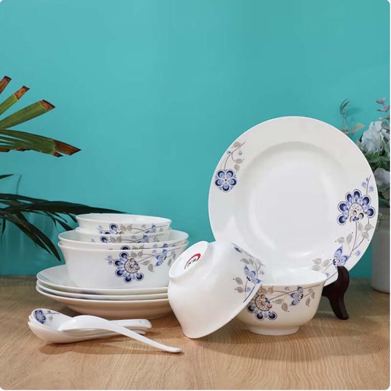 Tang Hui Peacock Flower 14-Piece Enamel Tableware Set