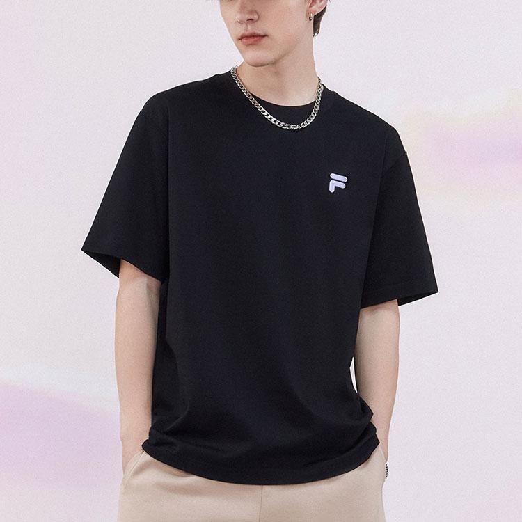 FILA Fusion FOB Series Solid Color Round Neck Pullover Short Sleeve Breathable T-Shirt Unisex Tops Black T11U423112F-BK