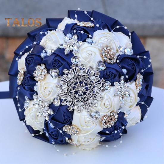Wedding Bouquet for Bride Satin Artificial Flower Bridal Bouquet with Rhinestones Faux Pearls Bridesmaid Flower Bunch with Handle for Wedding