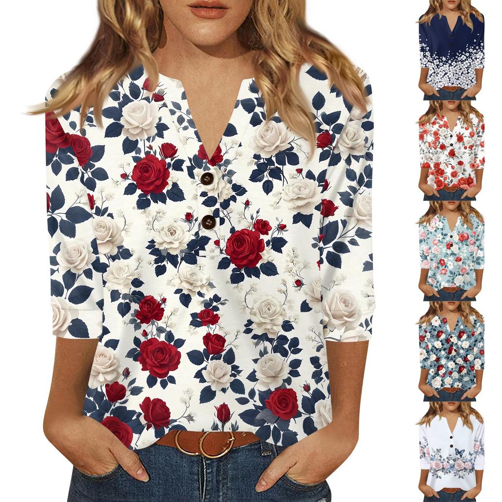 Women's T Shirt Print Button 3/4 Sleeve Daily Weekend Fashion Basic V- Neck Regular Top