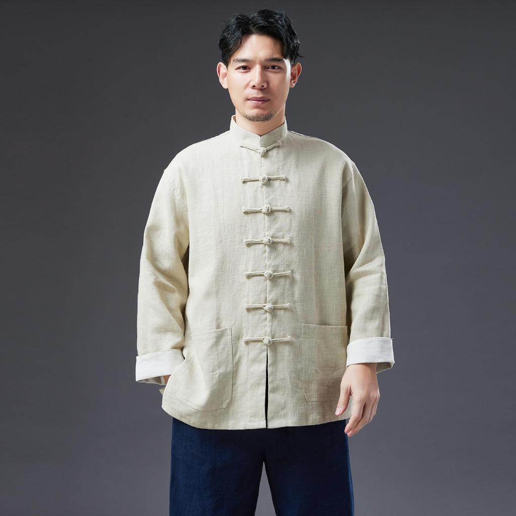 Men's Chinese Style Ramie Jacket Shirt - Casual Loose Fit with Stand Collar and Frog Buttons