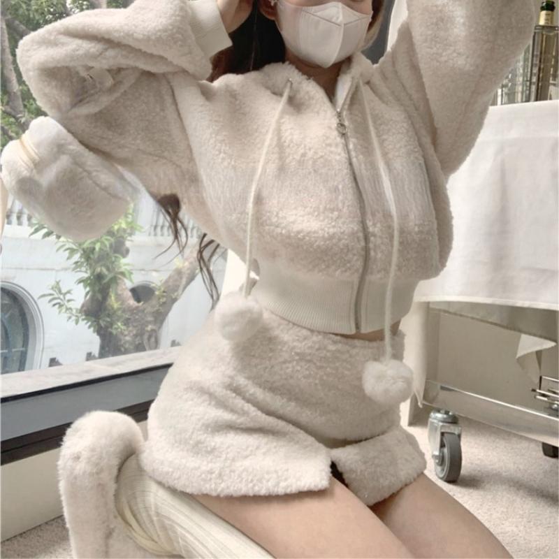 Elegant Solid Two-piece Skirt Sets Women Zipper Hoodies Jacket + Split Mini Skirt Autumn Winter Sexy Korean Style Outfits New