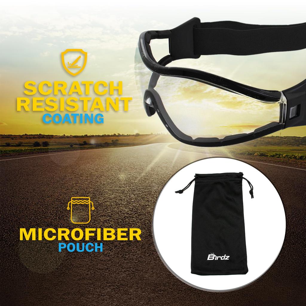 Birdz Eyewear Boogie Occhiali Sportivi per Moto e Paracadutismo con Montatura Nera Imbottita e Lente Trasparente Antiappannamento Z87.1