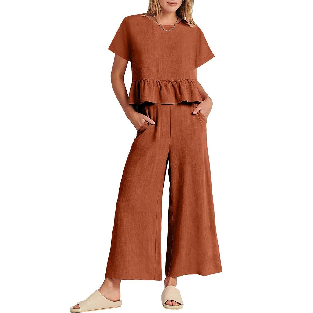 Pants Sets Women 2 Piece Outfits Sleeveless Round Neck Tank Tops Matching Sets for Women Elastic Waist Wide Leg