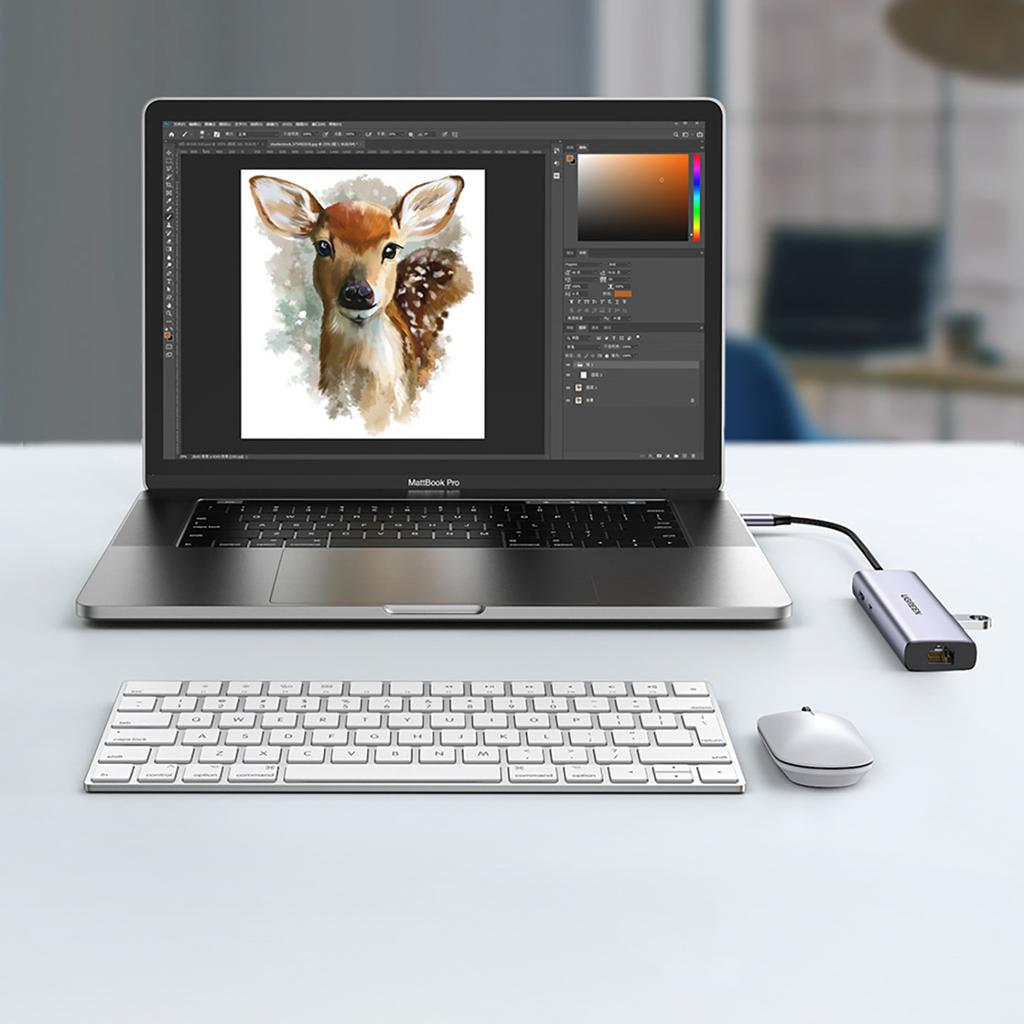 Ugreen CM512 Multiport USB-C Hub: Dual USB-A 3.0, HDMI, Ethernet, SD/TF Card Reader, 100W Power Delivery - Gray