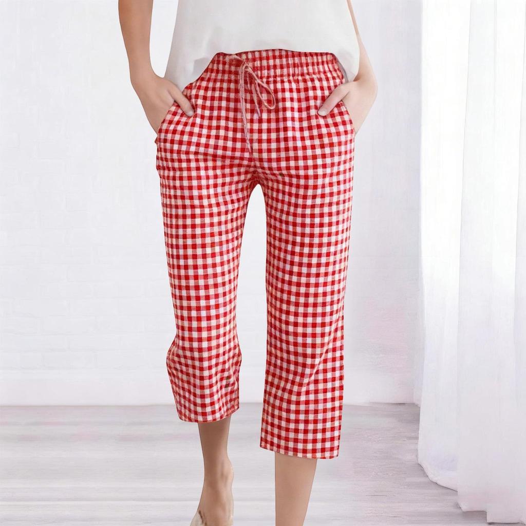 Women's Fashion Tartan Print Elastic Waistband Pocket Loose Casual Seven-Eighths   7/10  PantS