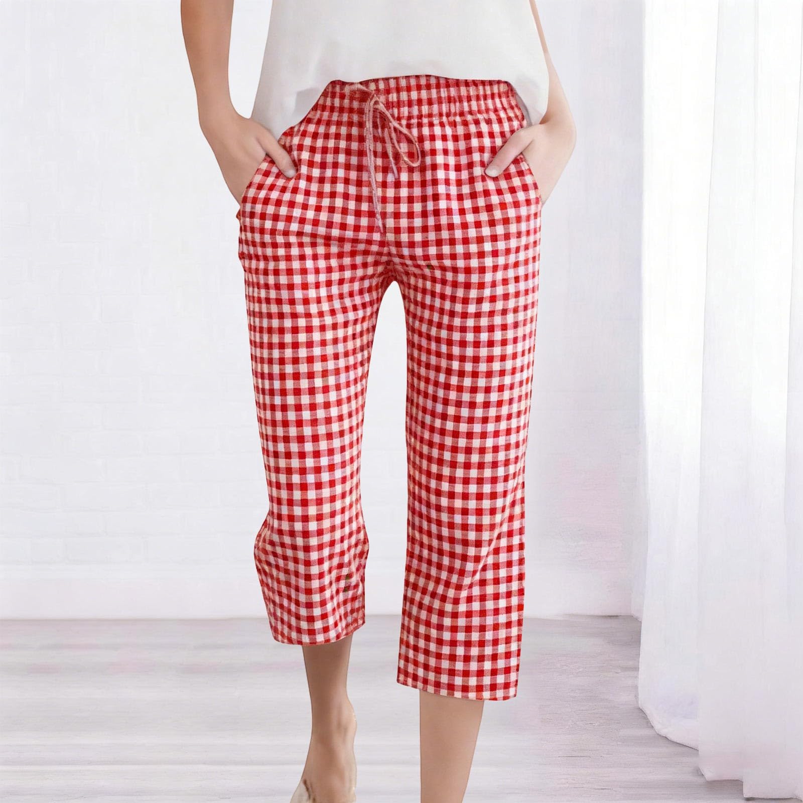 

Women s Fashion Tartan Print Elastic Waistband Pocket Loose Casual Seven-Eighths 7/10 PantS XXL червоний