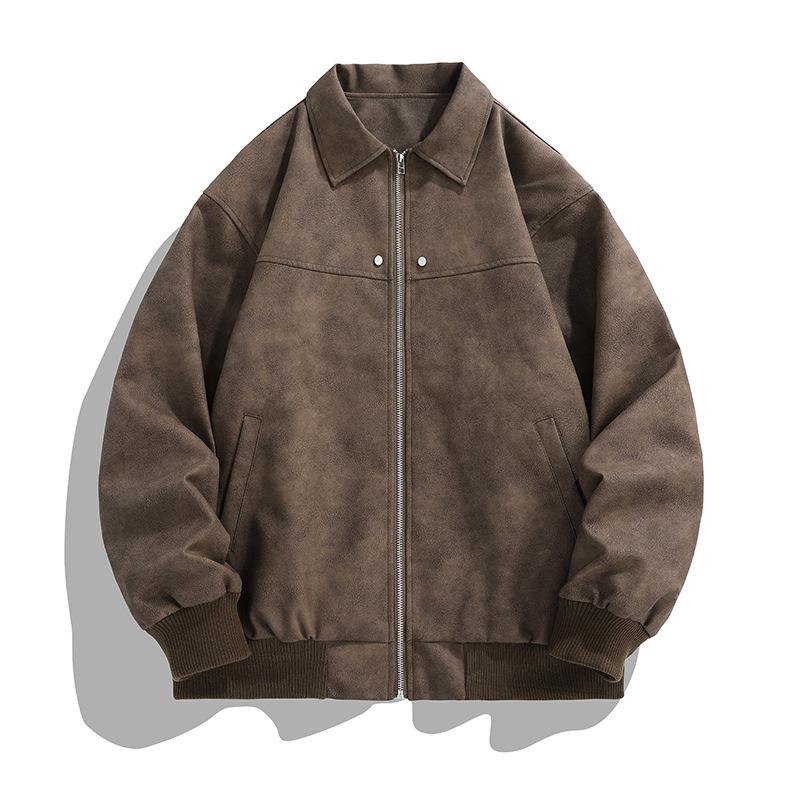 Giacca da uomo versatile autunnale e invernale ampia da coppia anziana in pelle lavata giacca in pelle americana retrò con revers