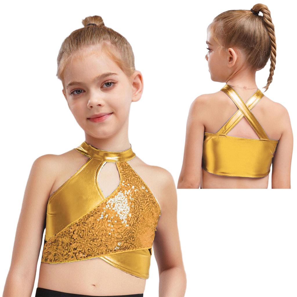 Kids Jazz Dance Wear Sparkly Sequins Metallic Crop Top Cross Keyhole Ballroom Costume