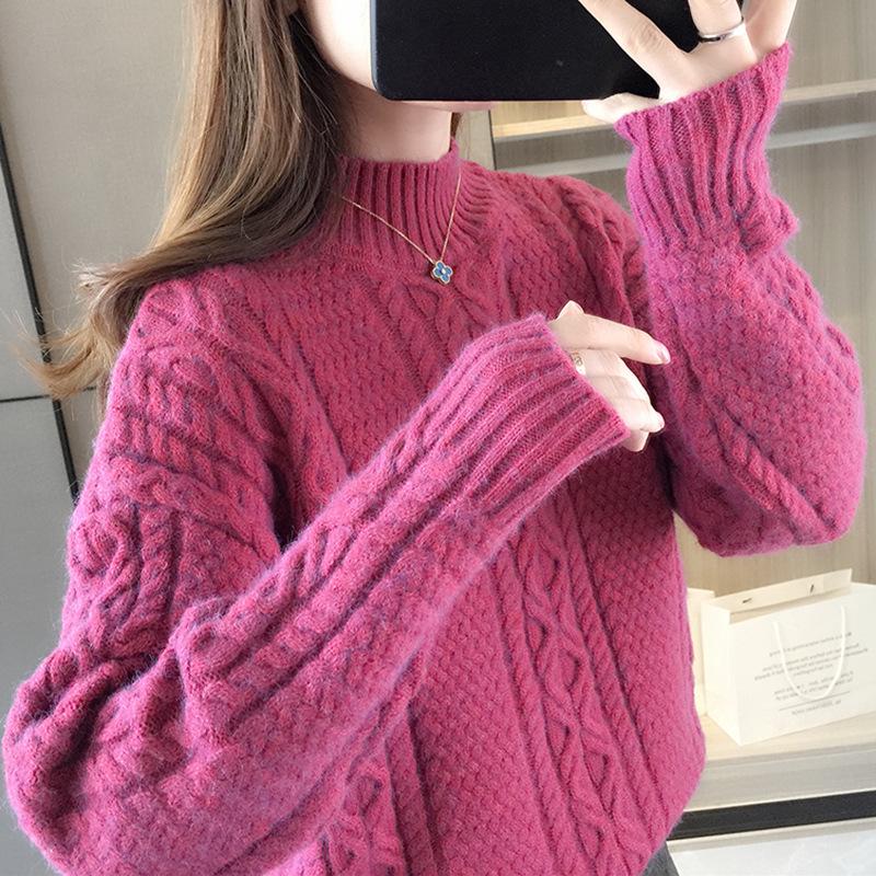 Women's High-Neck Cable Knit Sweater, 2021 Loose Fit Korean Style for Autumn and Winter