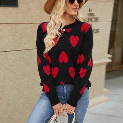 Suéter de Punto de Corazón de Jacquard de Manga Larga Suelto con Cuello Redondo para Mujer Otoño e Invierno