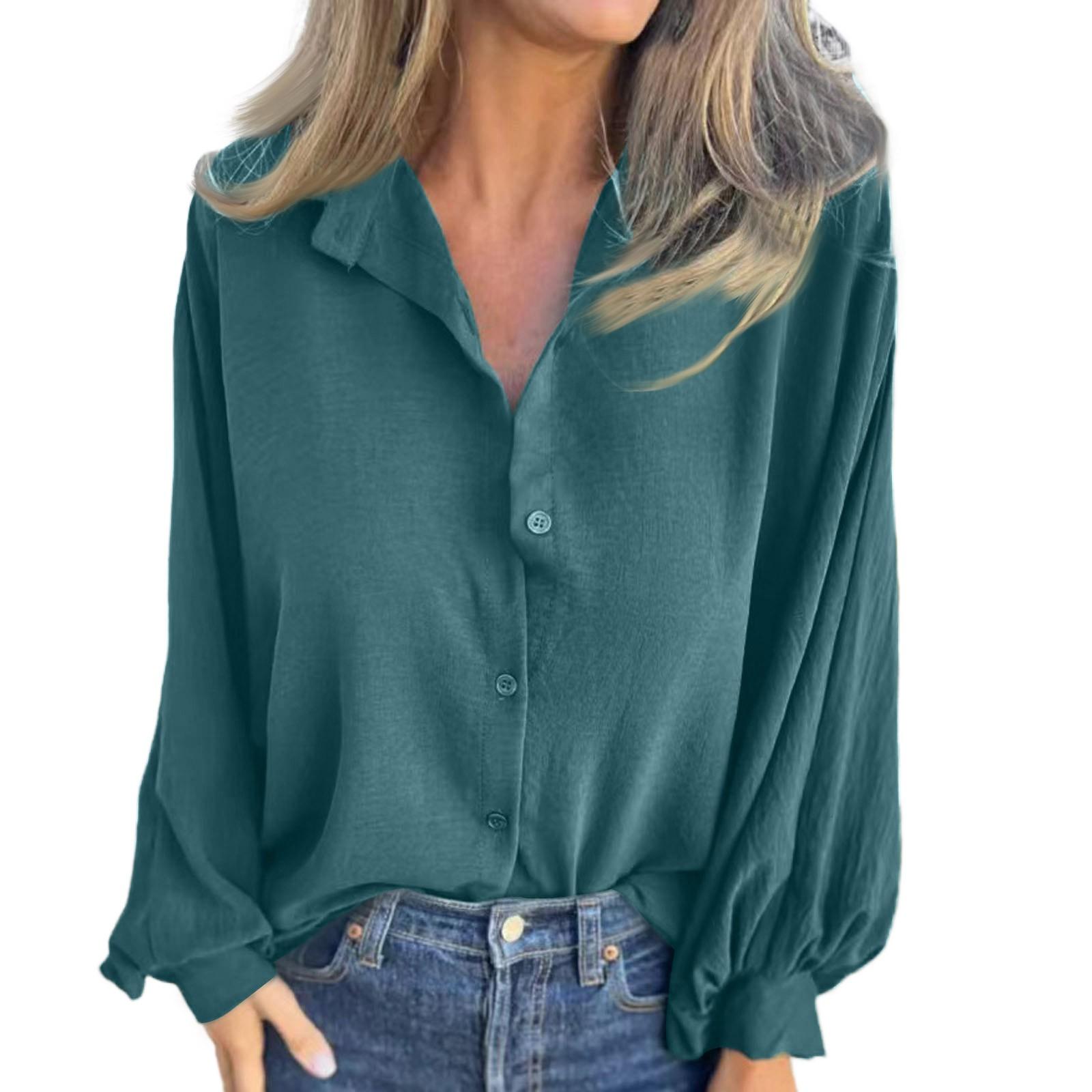 

Женская свободная повседневная однотонная рубашка с длинными рукавами и пуговицами на лацканах, модная рубашка с длинными рукавами L темно-зеленого