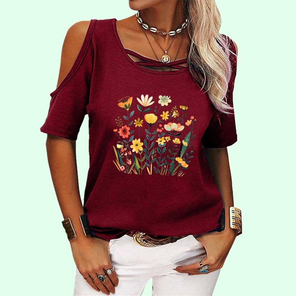 T-shirt Mode Femme Col Rond Imprimé Floral Pull Été Haut Épaules Dénudées Décontracté Manches Courtes
