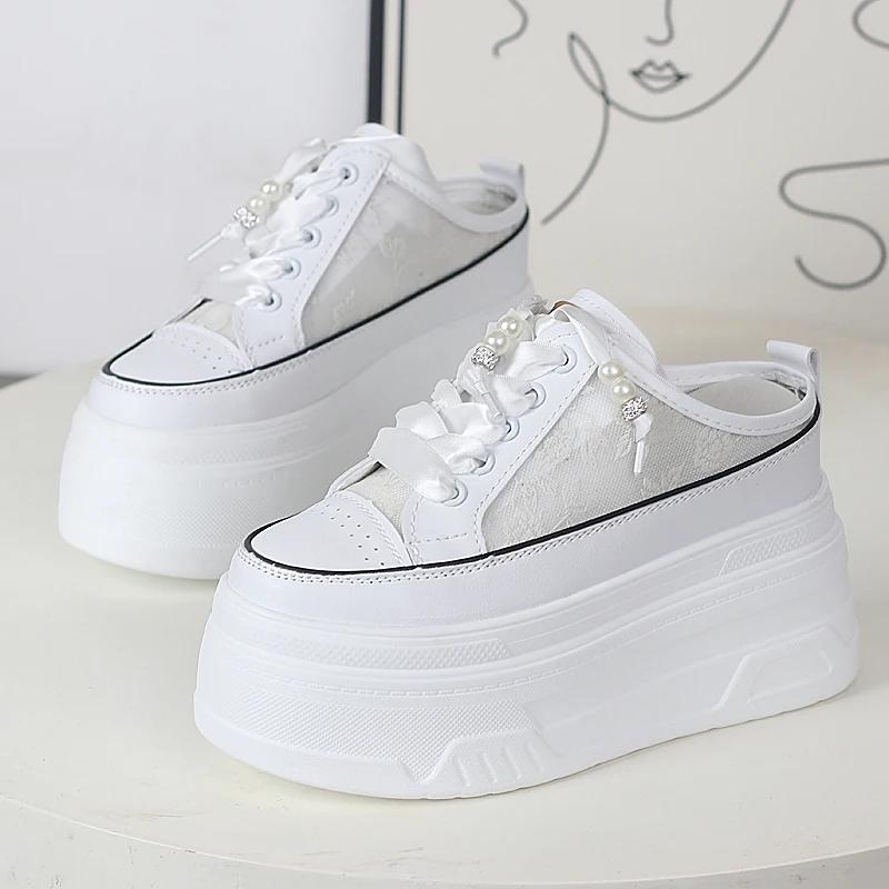 Fashion 12CM Slides Sneakers Slip On Microfiber Leather Women Summer Shoes Wedge Fashion Air Mesh Glitter Platform Slippers Sandals