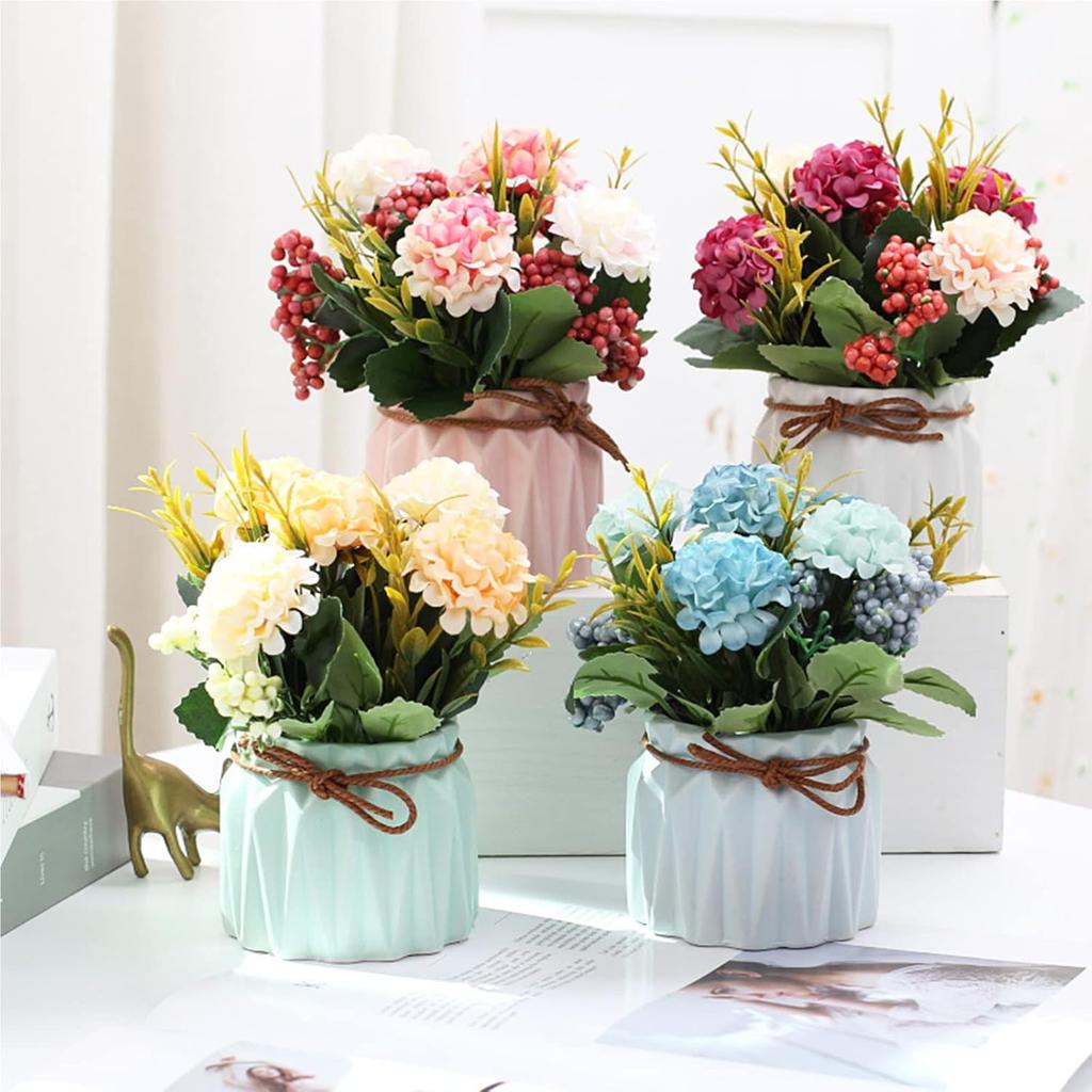 BLOSMON Small Artificial Flowers in Vase 4 Pcs Fake Flowers Centerpieces for Dinning Table Floral Arrangements with Vases Bathroom Accessories Office