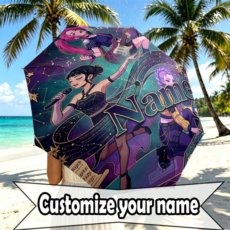 Custom Name Personalized Kpop Demon Hunter Print Umbrella, Auto Open Close, 8‑Rib Sturdy Frame, Commute Camping Hiking Use, Birthday Gift