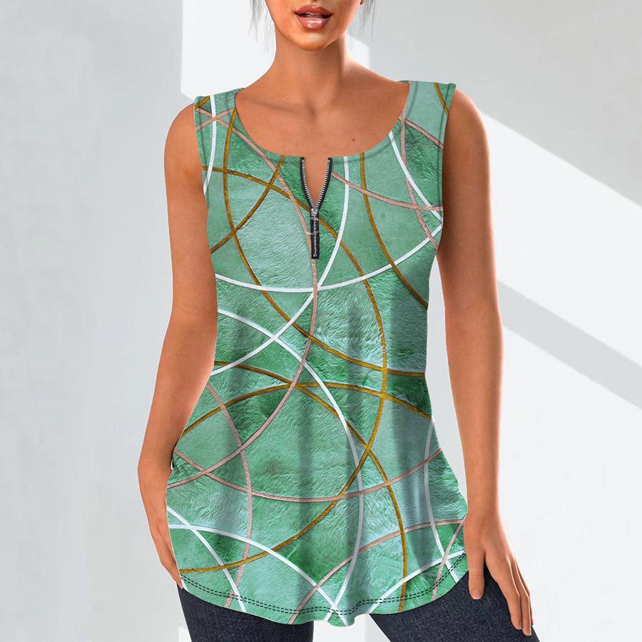 Damenmode V-Ausschnitt Shirts Casual Tops T-Shirt Damen 3D Golden Line Print Weste Übergröße Ärmellose Bluse Tanktops