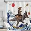 Funny Cat Dinosaur Printed Shower Curtain Ocean Wave Artwork For Bathroom Decor