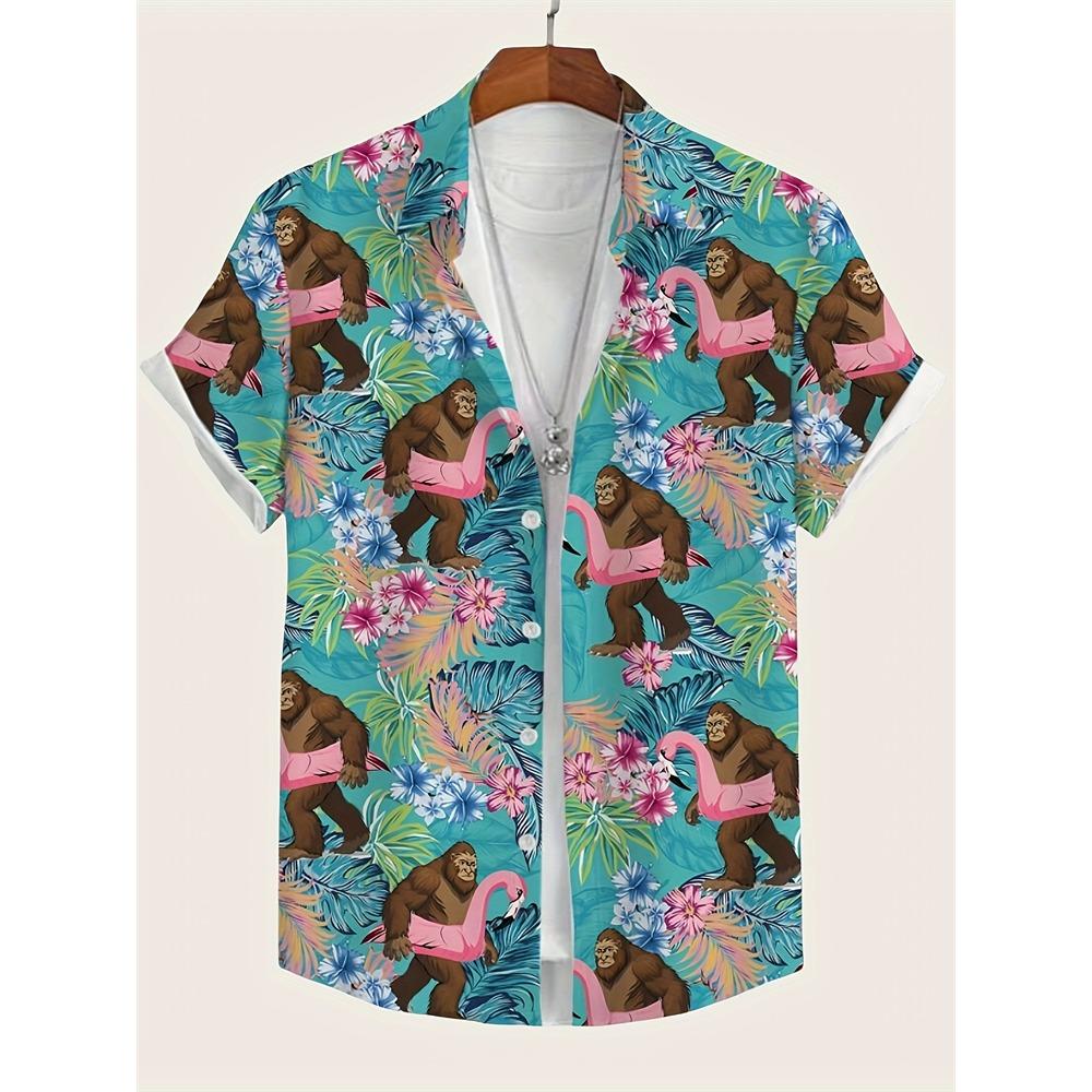2026 Men's Summer Shirt Lapel Design Swimming Circle Gorilla Pattern Men's Large Size Shirt Fashion Loose Seaside Partywear