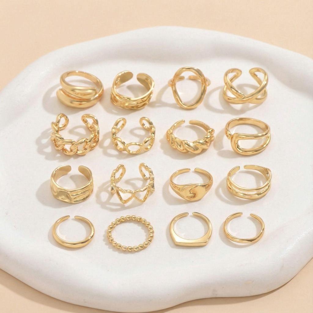 European and American Trendy 16-Piece Geometric Adjustable Ring Set