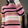Pull Haut Col Rayé en Cachemire Tricoté pour Femme - Amincissant, Coupe Ample pour l'Automne et l'Hiver