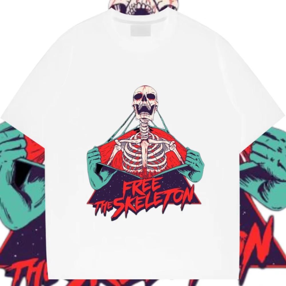 Horror Skull Round Neck Tops Short Sleeve Loose Clothes Retro Rapper Tshirt Graphic Printing Cotton T-shirt Causal Men Tees DIY