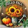 Hello Fall Sunflower Pattern Iron Foil Engraving Wall Art  Round Aluminum Sign Decor for Bar Cafe Club Kitchen