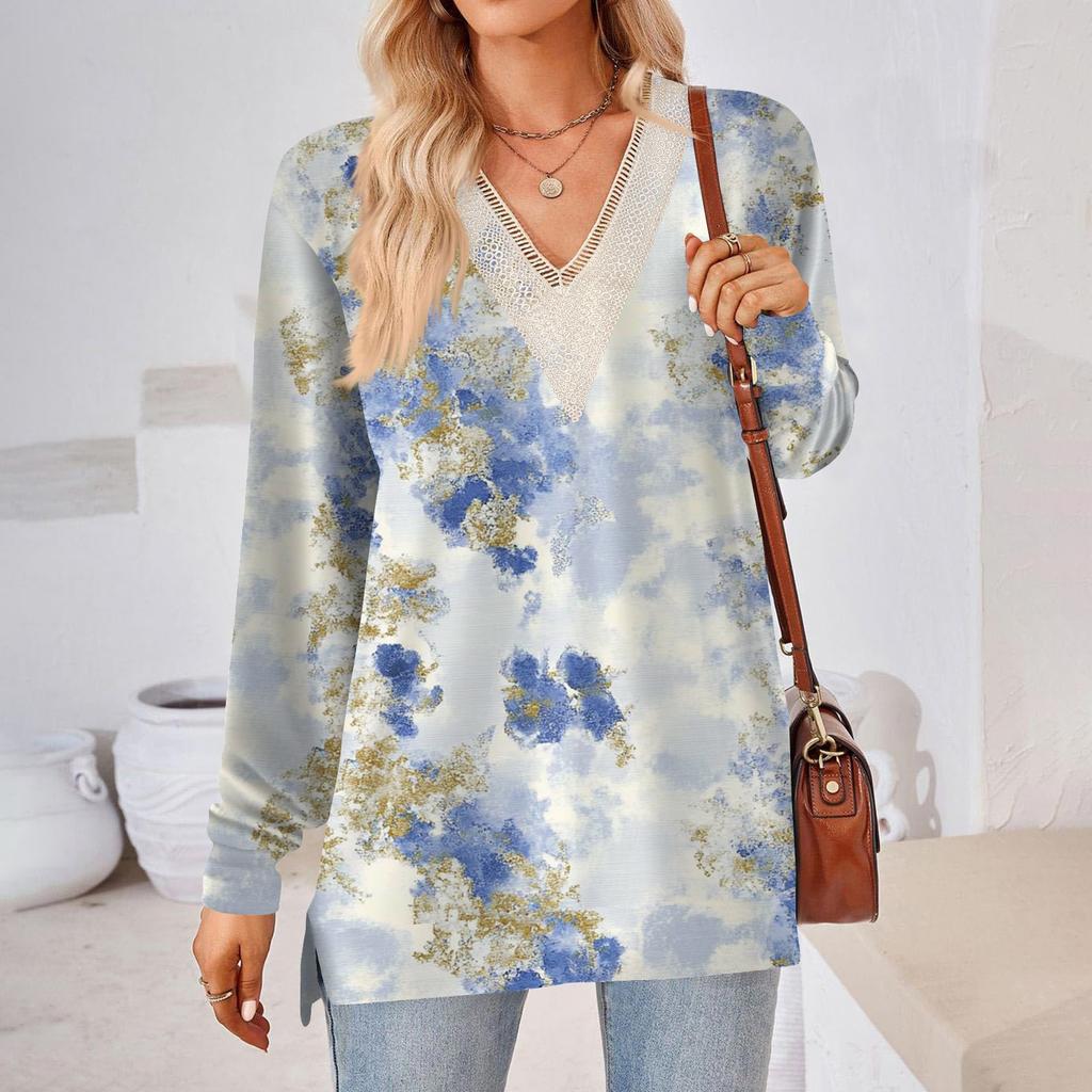 Womens Tops Loose V-neck Contrast Color Split Loose Long Sleeve T-shirt Women's Tops