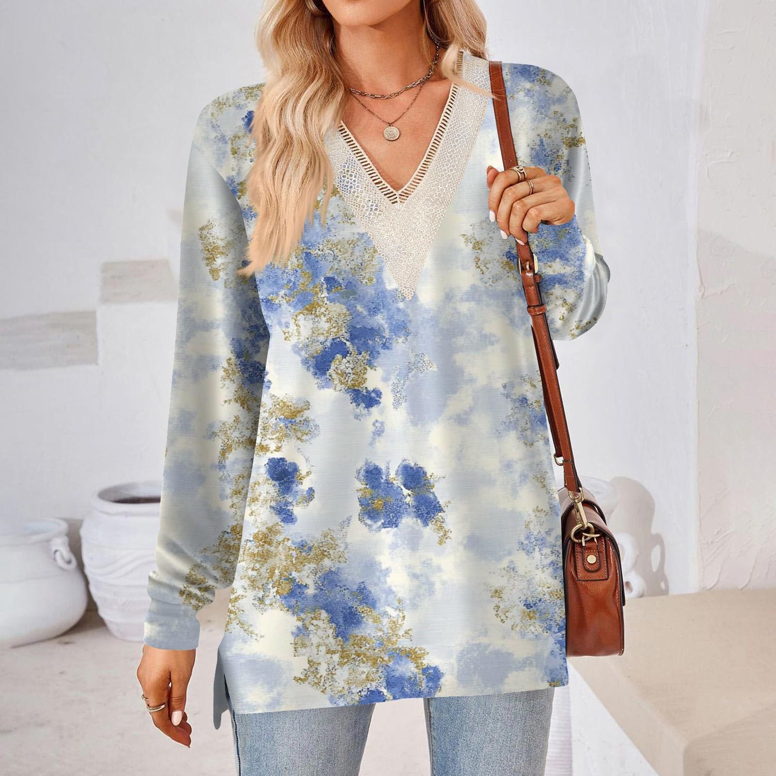 

Женские топы Свободные свободные футболки с длинными рукавами контрастного цвета и разрезом Женские топы XL небесно-голубой