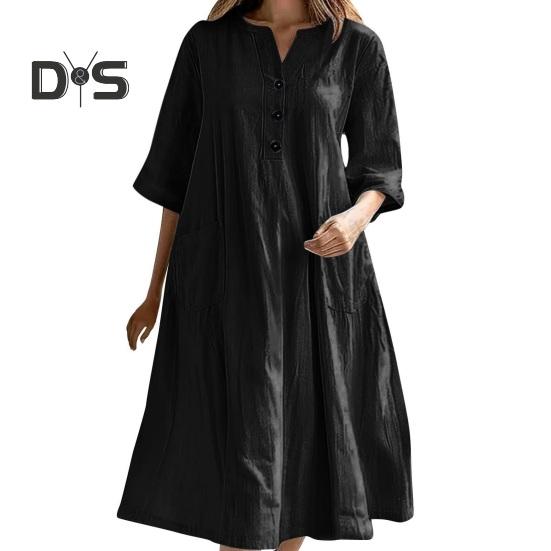 Summer Spring Dress with Pockets Buttoned V Neck Pleated Loose A-line Hem Half Sleeves Solid Color Midi Dress for Daily Wear Party Dating