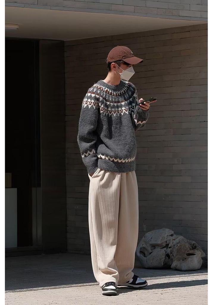 Men's Autumn/Winter French Fair Isle Stripe Knit Sweater - Round Neck, Loose Fit, Versatile Casual Style.